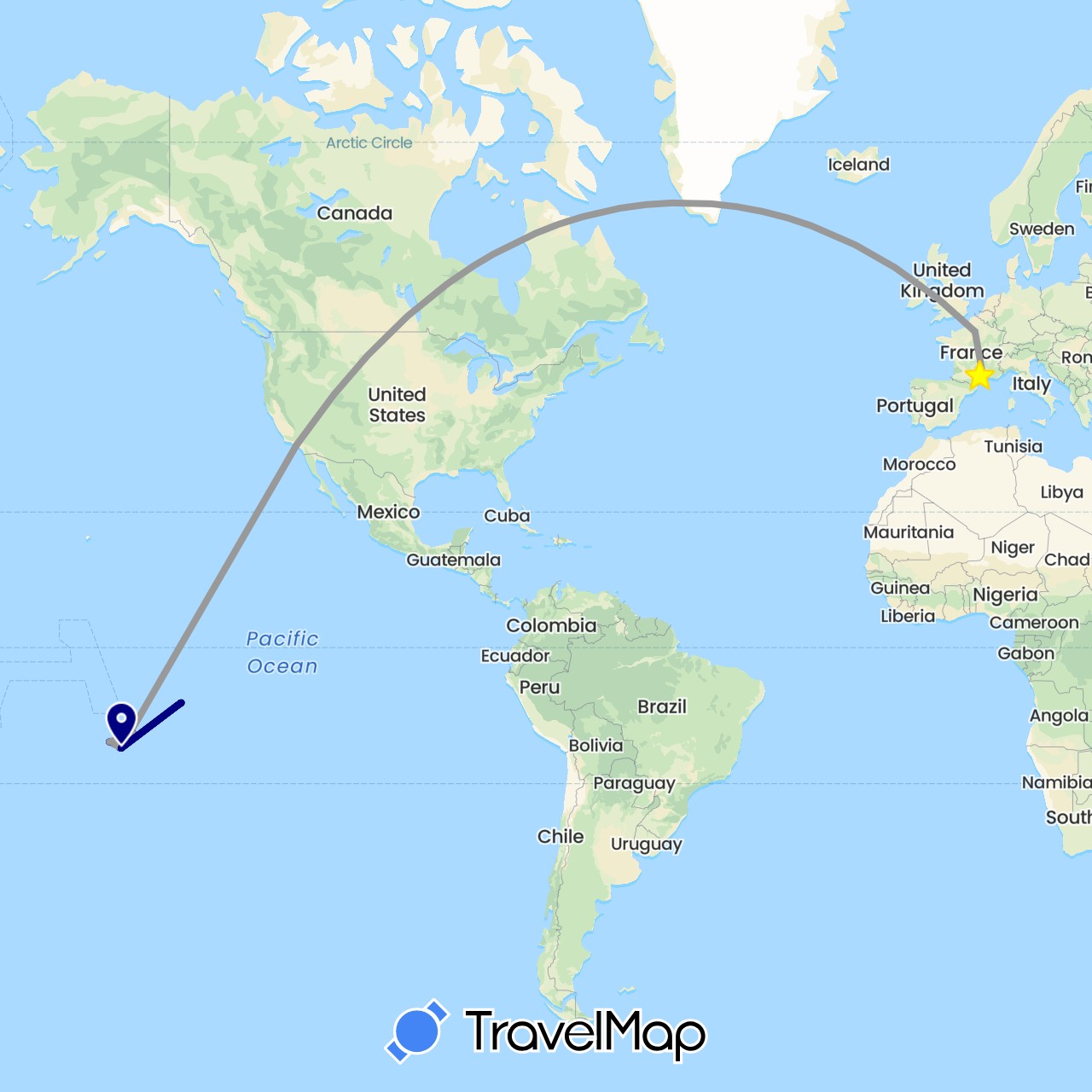 TravelMap itinerary: driving, plane, cycling, hiking, electric vehicle in France, French Polynesia, United States (Europe, North America, Oceania)
